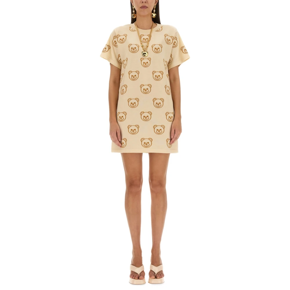 Moschino Jurk met Teddybeer Borduursel Beige Dames