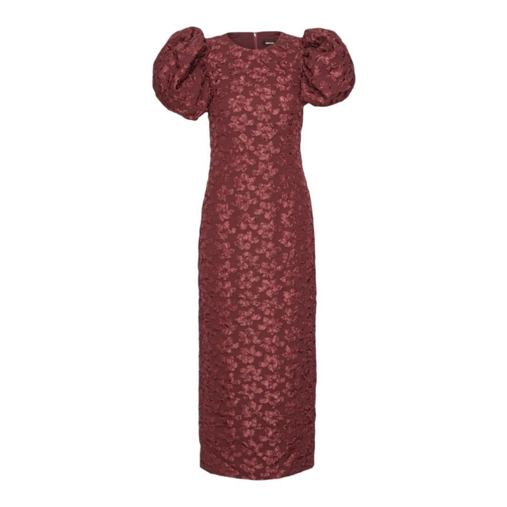 Rotate Birger Christensen Women's Brown Maxi Dresses, S, Burgundy Jacquard Midi Puffy Dress