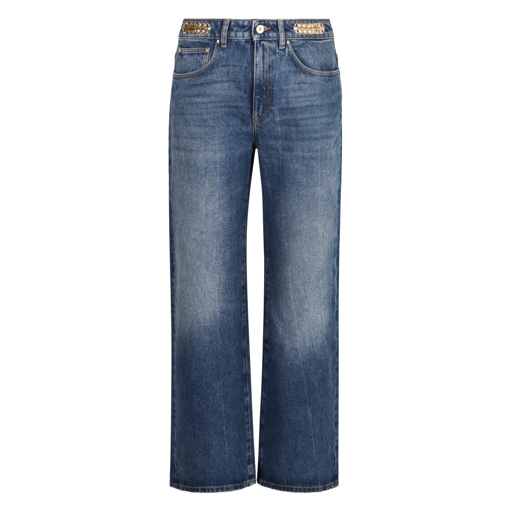 Rabanne Women's Blue Straight Fit Jeans, W27, Metallic Detail High-Rise Boyfriend Jeans