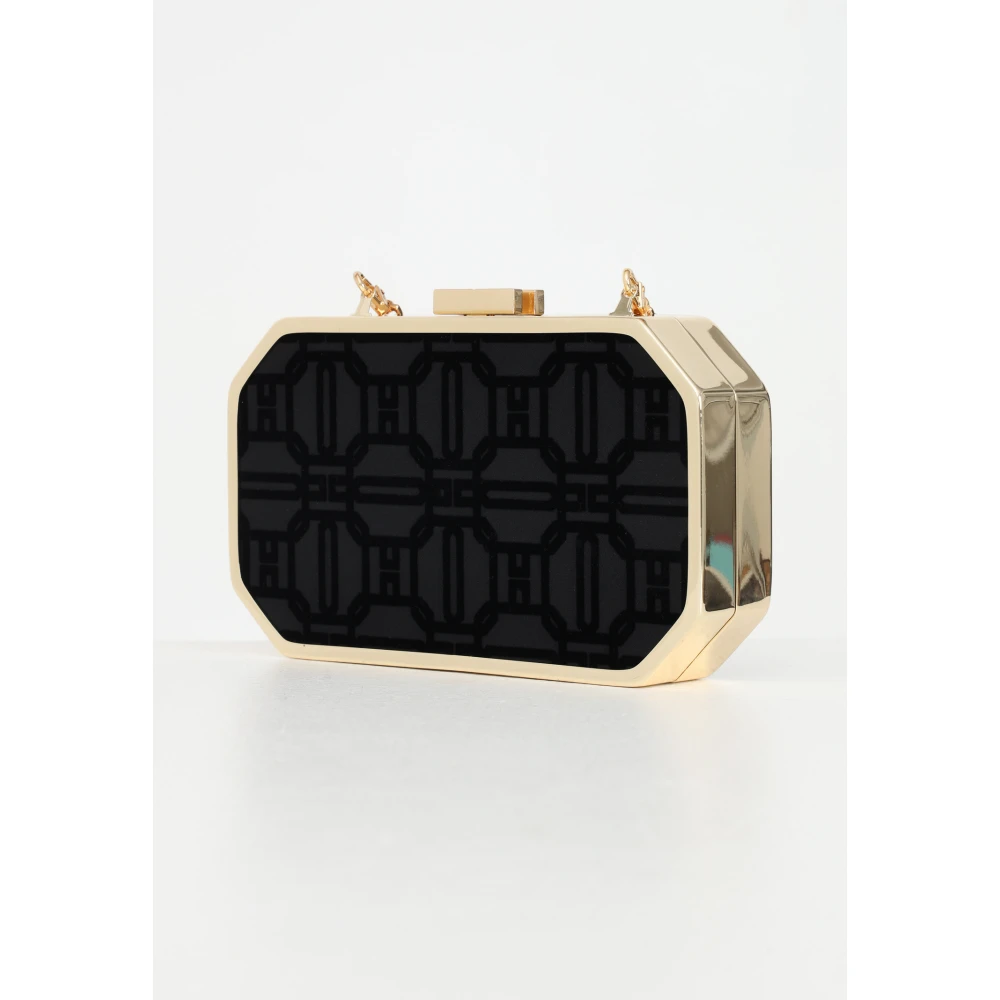 Elisabetta Franchi Zwarte achthoekige clutch met gouden metaal Black Dames
