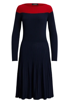 Navy Two-Tone Pointelle Stickad Klänning