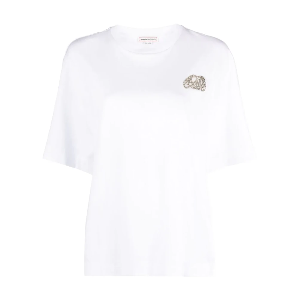 Alexander mcqueen AMQ Seal Logo Kristal Geborduurd T-shirt White Dames