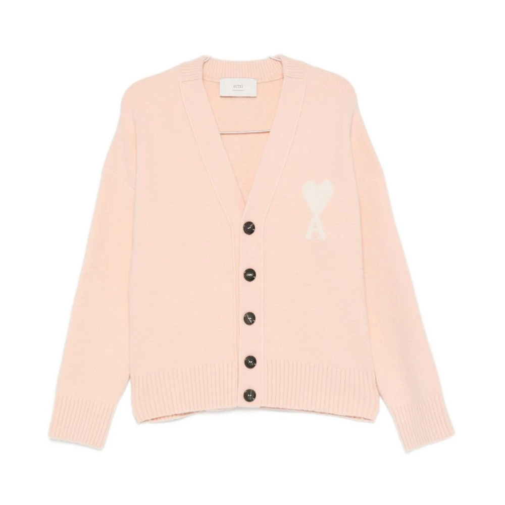 Ami Paris Vrouw Roze Hart Motief V-Hals Trui