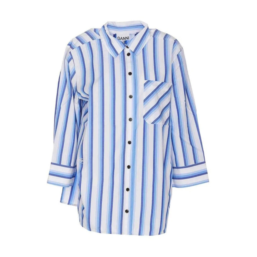 Ganni Women's Blue Striped Cotton Shirt With Logo Detail - Shirts - Xl - Blouses & Shirts