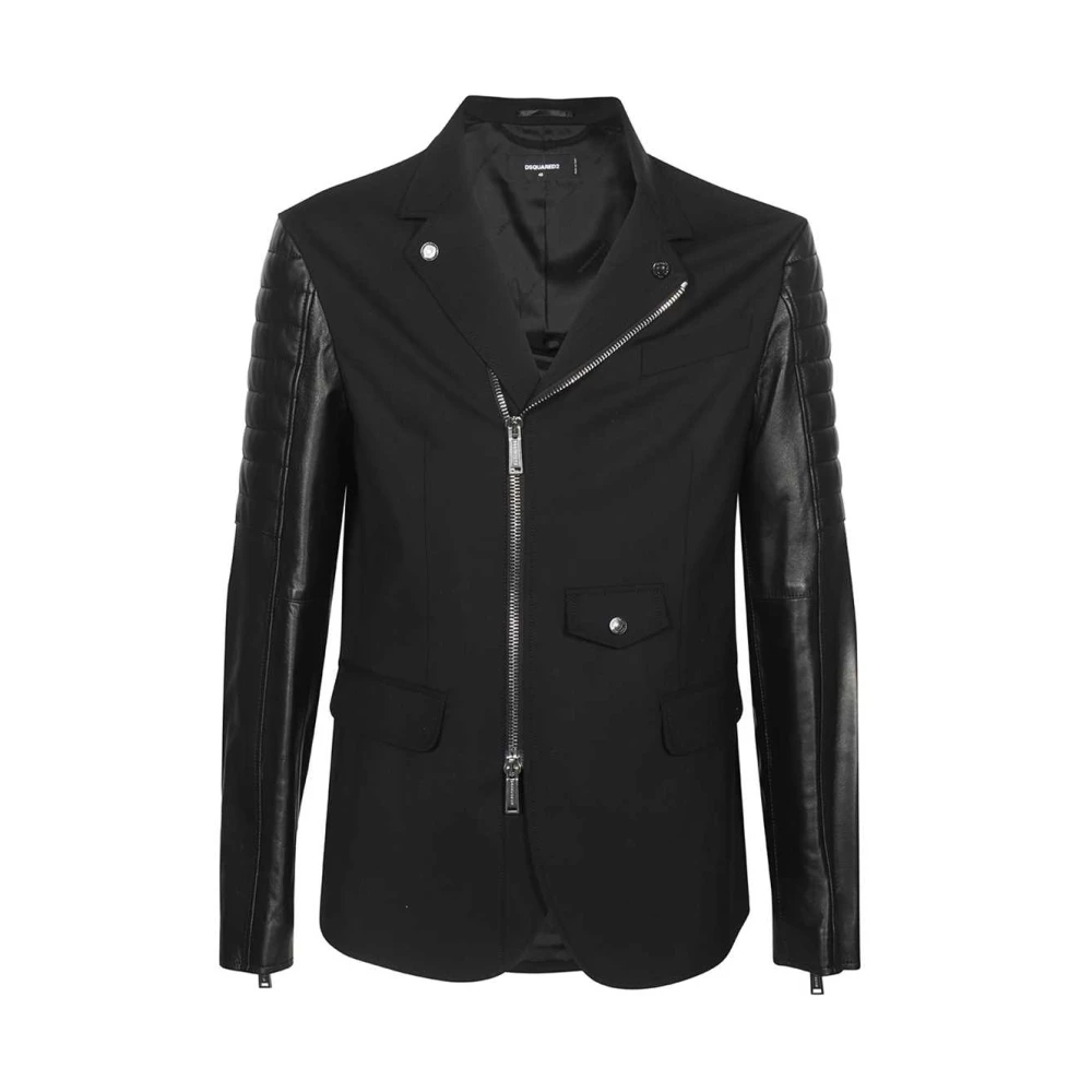 Dsquared2 Leren Reverskraag Volledige Rits Jas Black Heren