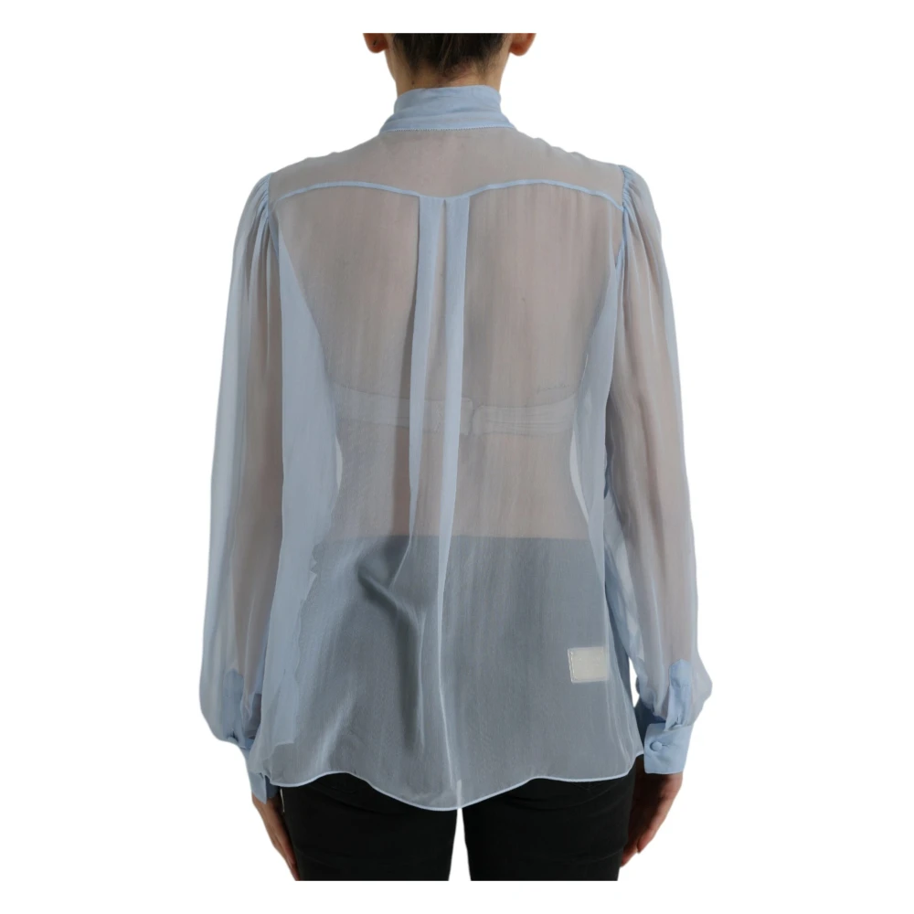 Dolce & Gabbana Elegante Zijden Blouse Ascot Kraag Blue Dames