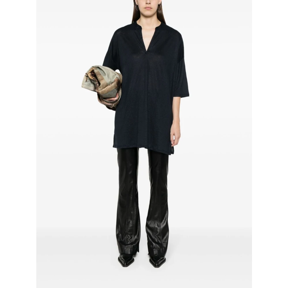 majestic filatures Blauwe Linnenmix V-Hals Jurk Blue Dames