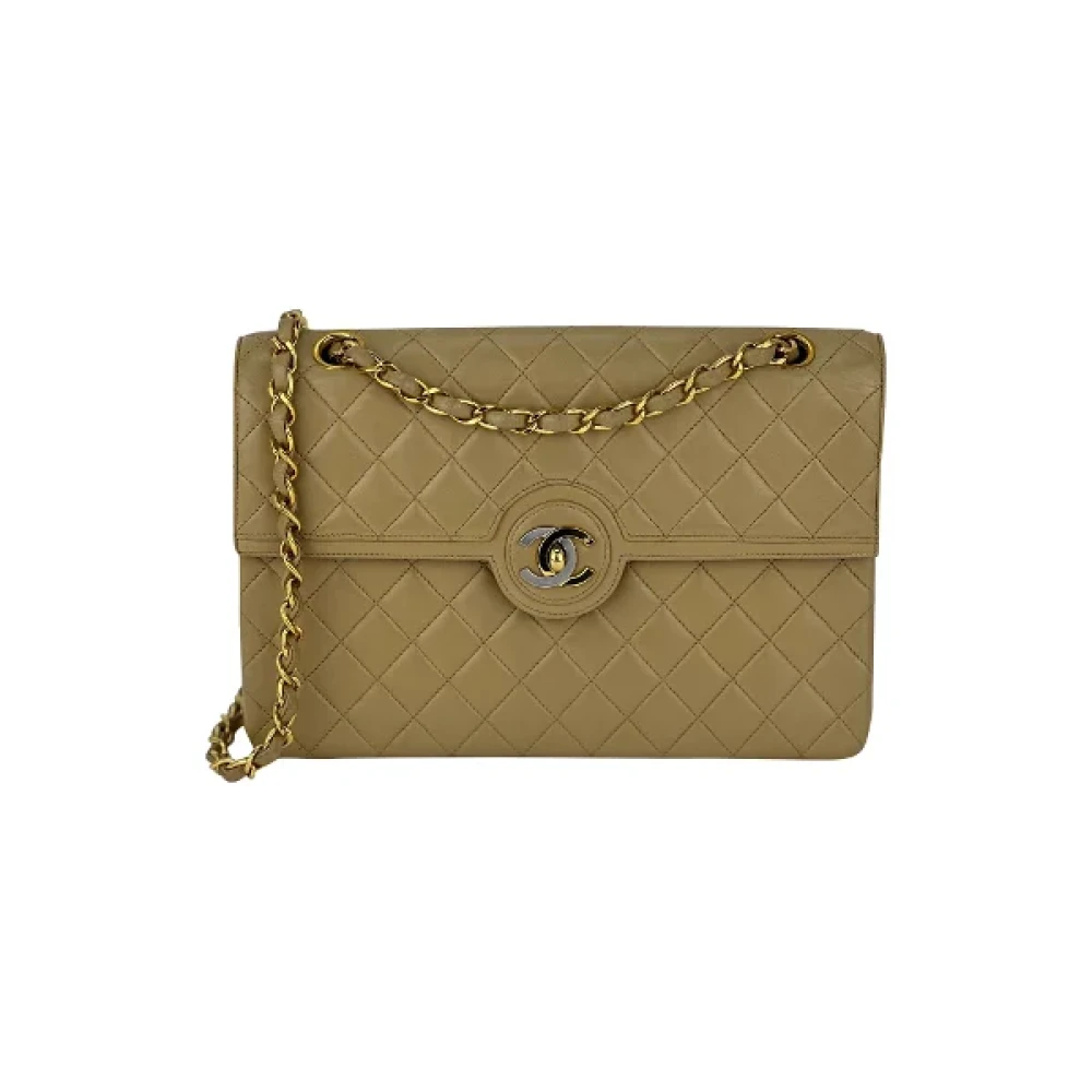 Chanel Vintage Andrahands Chanel Quiltad Lammskinn Medium Single Flap Väska Beige, Dam