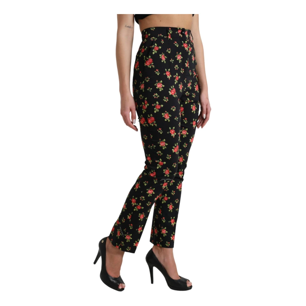 Dolce & Gabbana Zwarte Bloemen Hoge Taille Tapered Broek Multicolor Dames