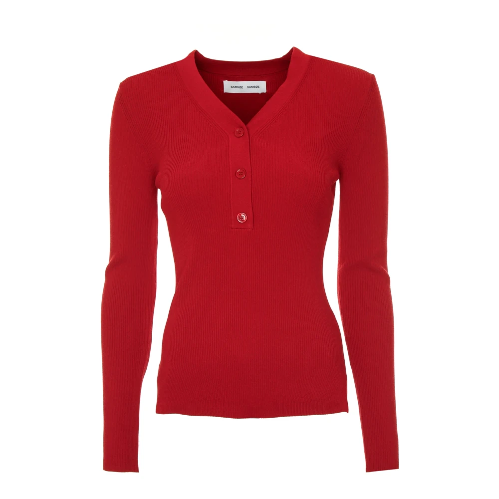 Samsøe Geribbelde Longsleeve Top met V-hals Red Dames