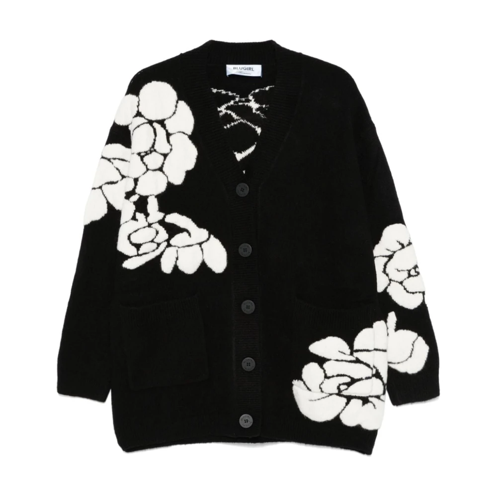 Blugirl Bloemen Jacquard Sweater met Voorknoppen Black Dames
