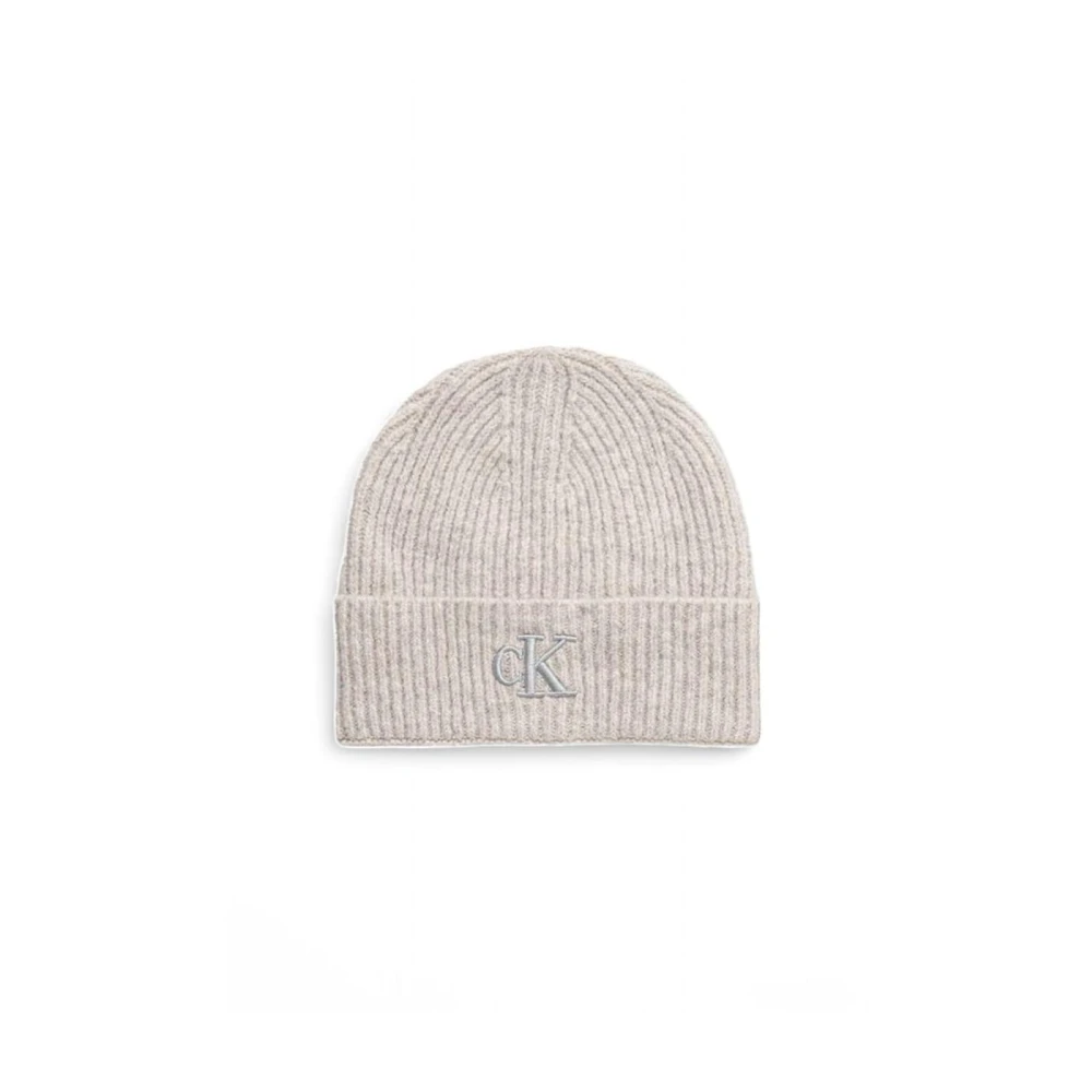 Calvin Klein Broderad Logga Ribbstickad Beanie Mössa Gray, Dam