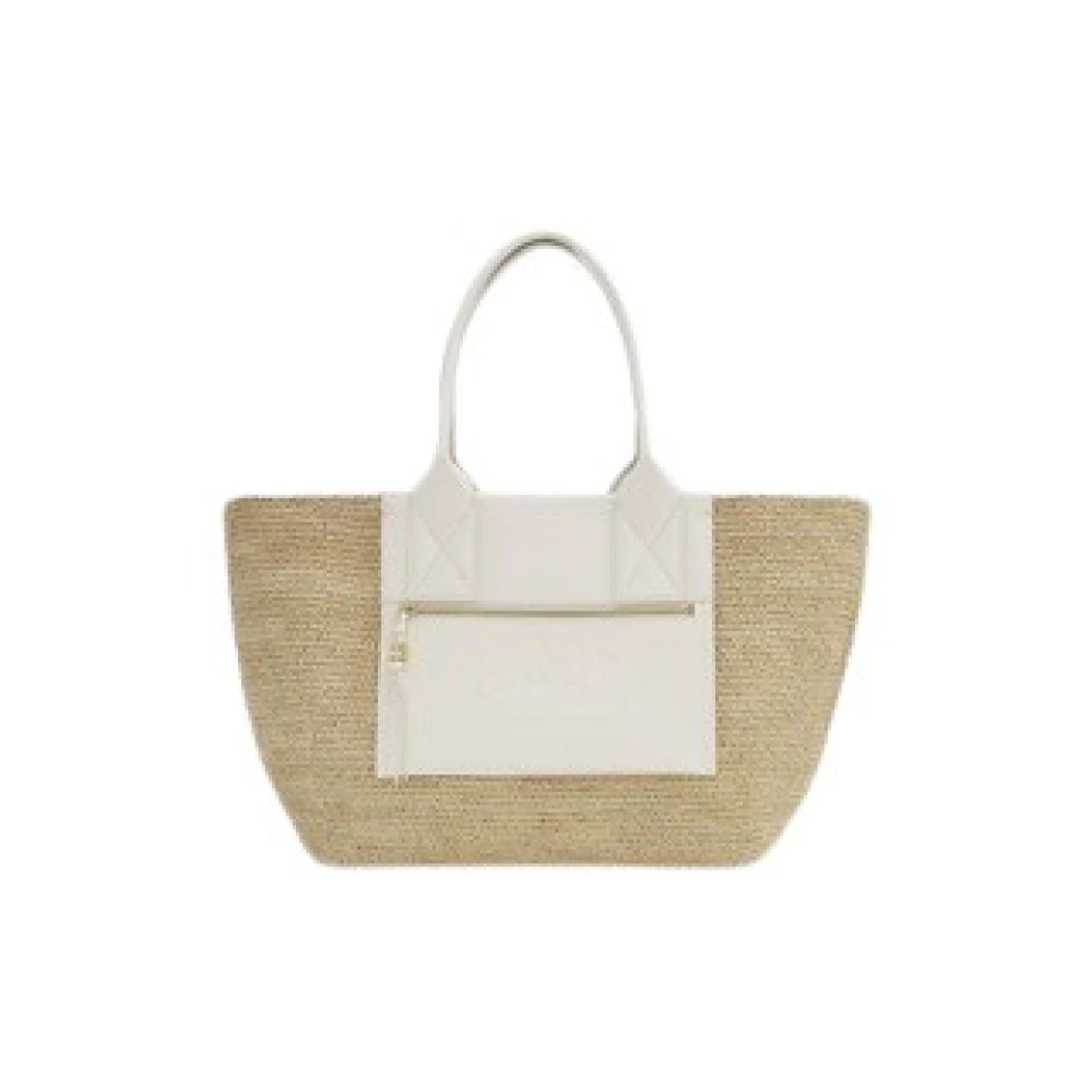 Ganni Beige Vit Vävd Toteväska Med Främre Ficka