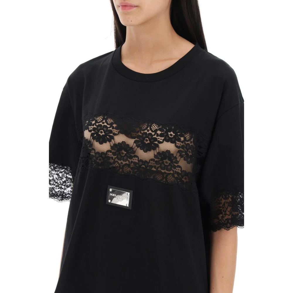 Dolce & Gabbana Katoenen T-shirt met kanten inzetstukken Black Dames