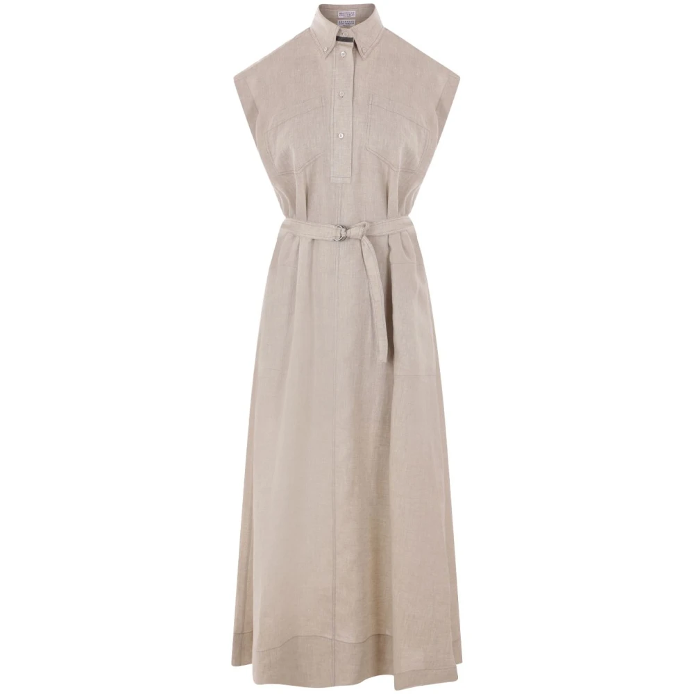 BRUNELLO CUCINELLI Zand linnen jurk met knoopsluiting Beige Dames
