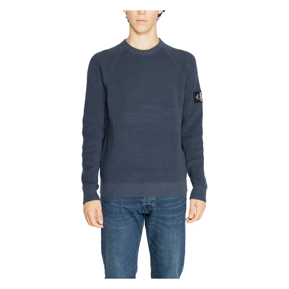 Calvin Klein Blauwe Bedrukte Gebreide Ronde Hals Trui Blue Heren