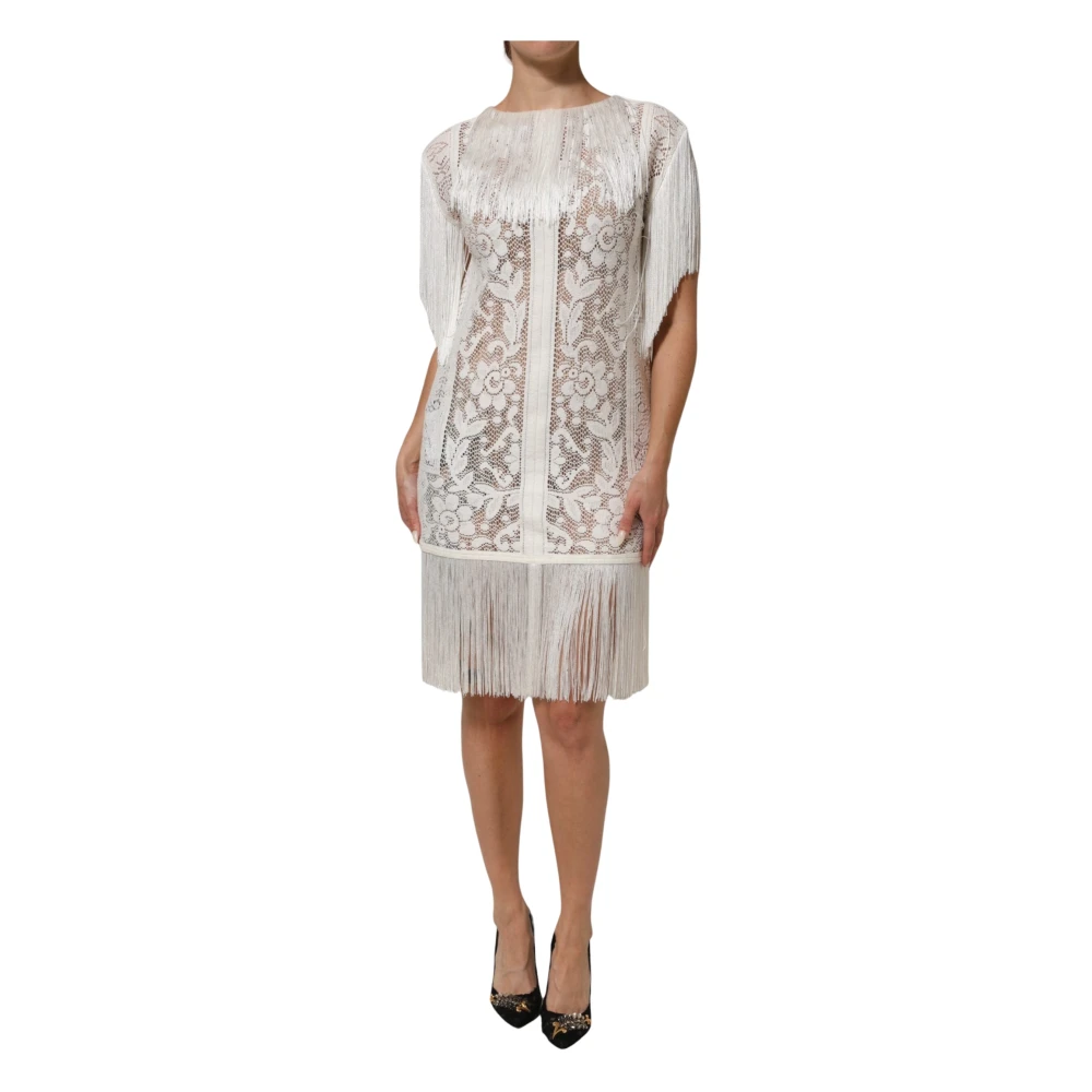 Dolce & Gabbana Mujer Blanco - Vestido Hasta La Rodilla Con Flecos Y Encaje Floral - Dresses - S - Vestido Hasta La Rodilla Con Flecos Y Encaje Floral