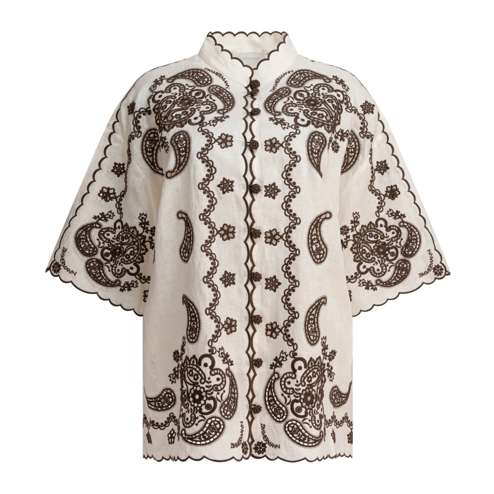 Zimmermann Women's Multicolor Shirts, M, Embroidered Beige Shirt Aw25