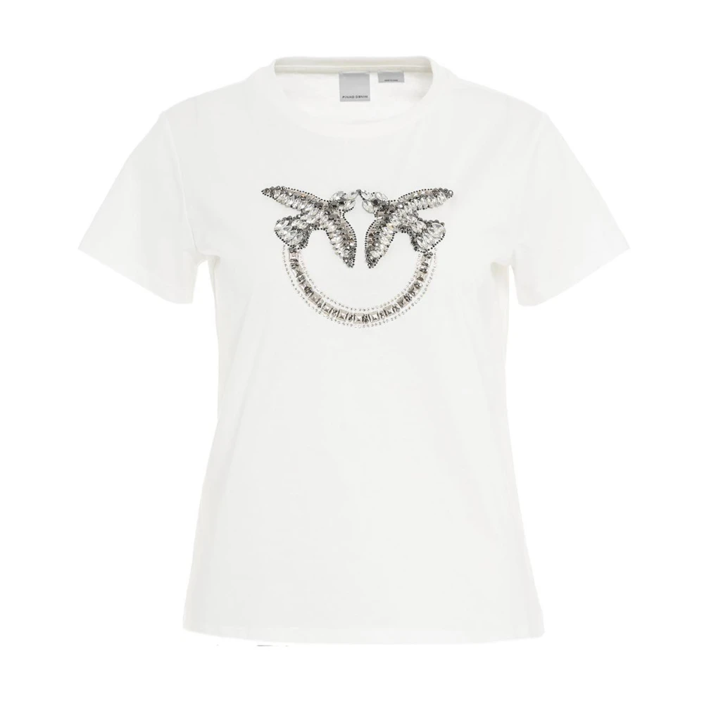 Pinko Ribbad Crew Neck T-shirt med Strassapplikation White, Dam