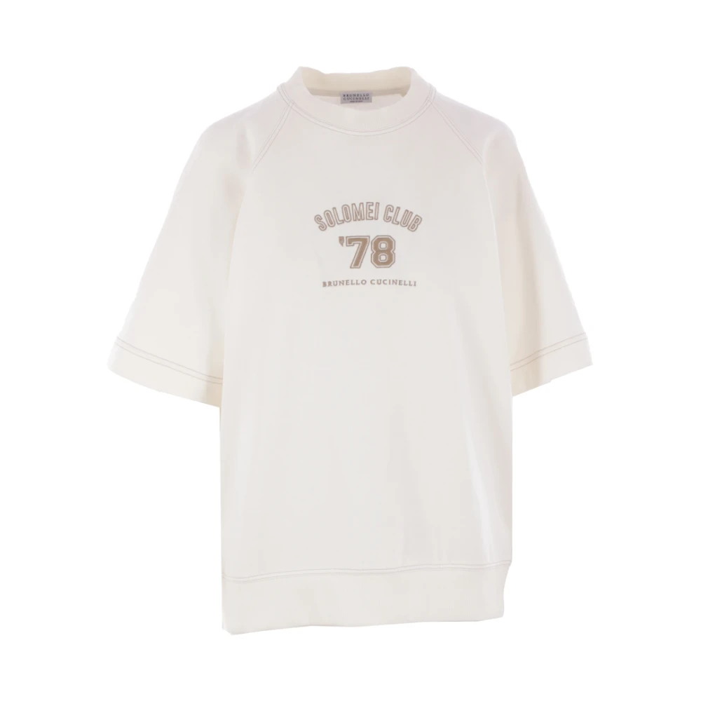 BRUNELLO CUCINELLI Ivoor Katoenen Jersey Sweater met Solomei Club '78 Borduurwerk White Dames