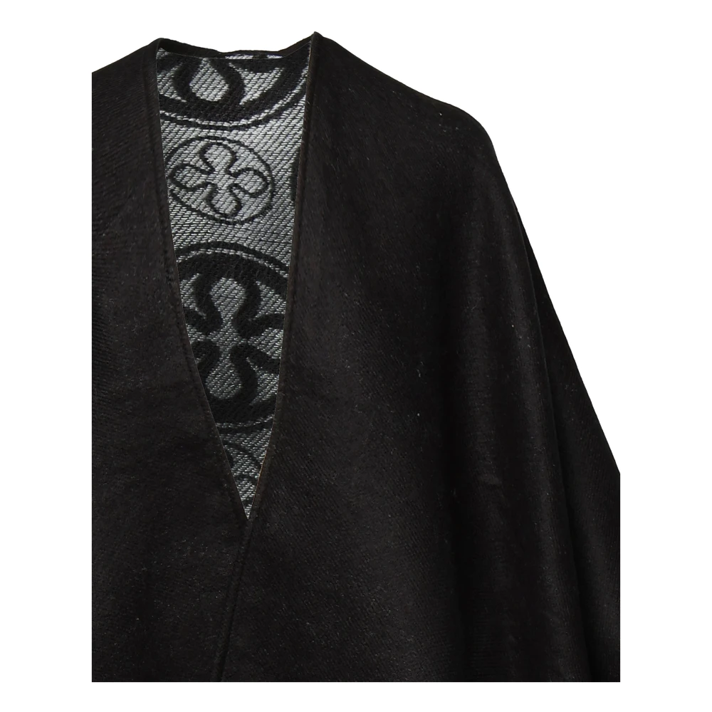 V73 Omkeerbare Zwarte Jacquard Cape met Franjekant Black Dames