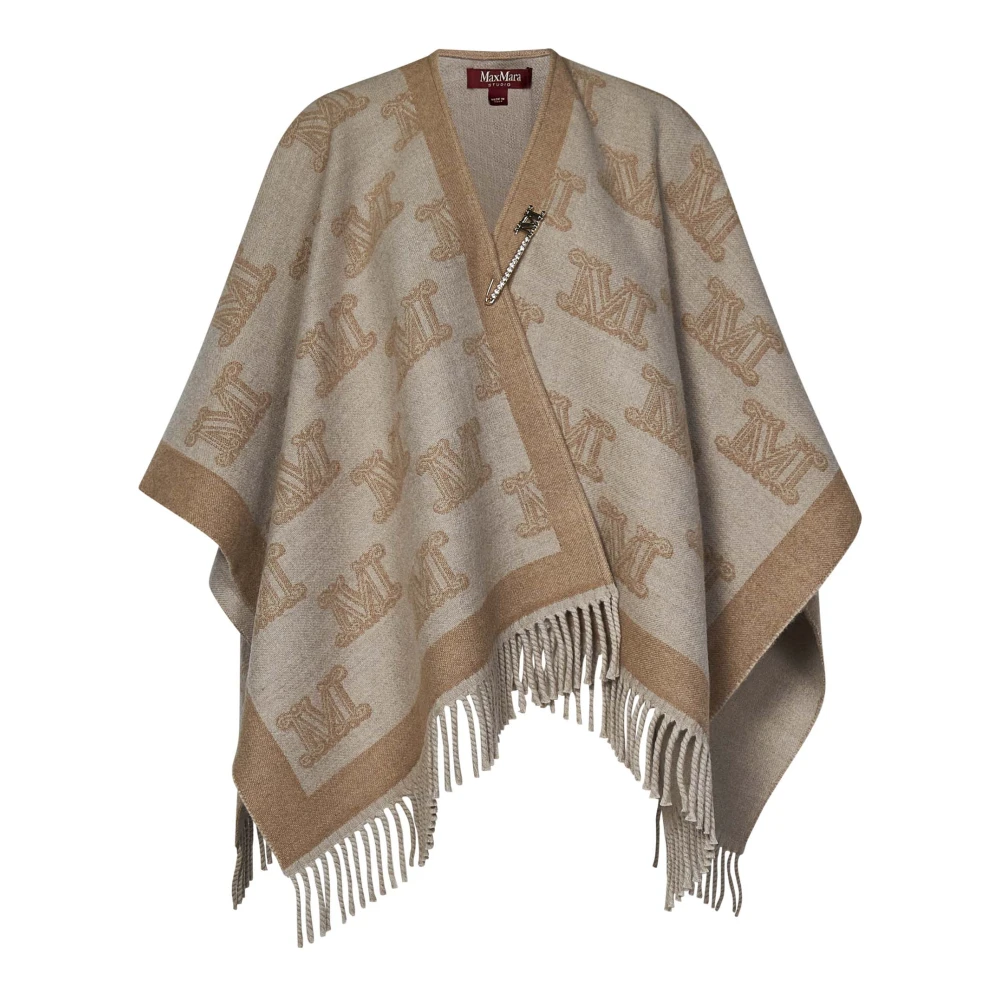 Max Mara Monogram Poncho met Franjes en Strass Beige Dames