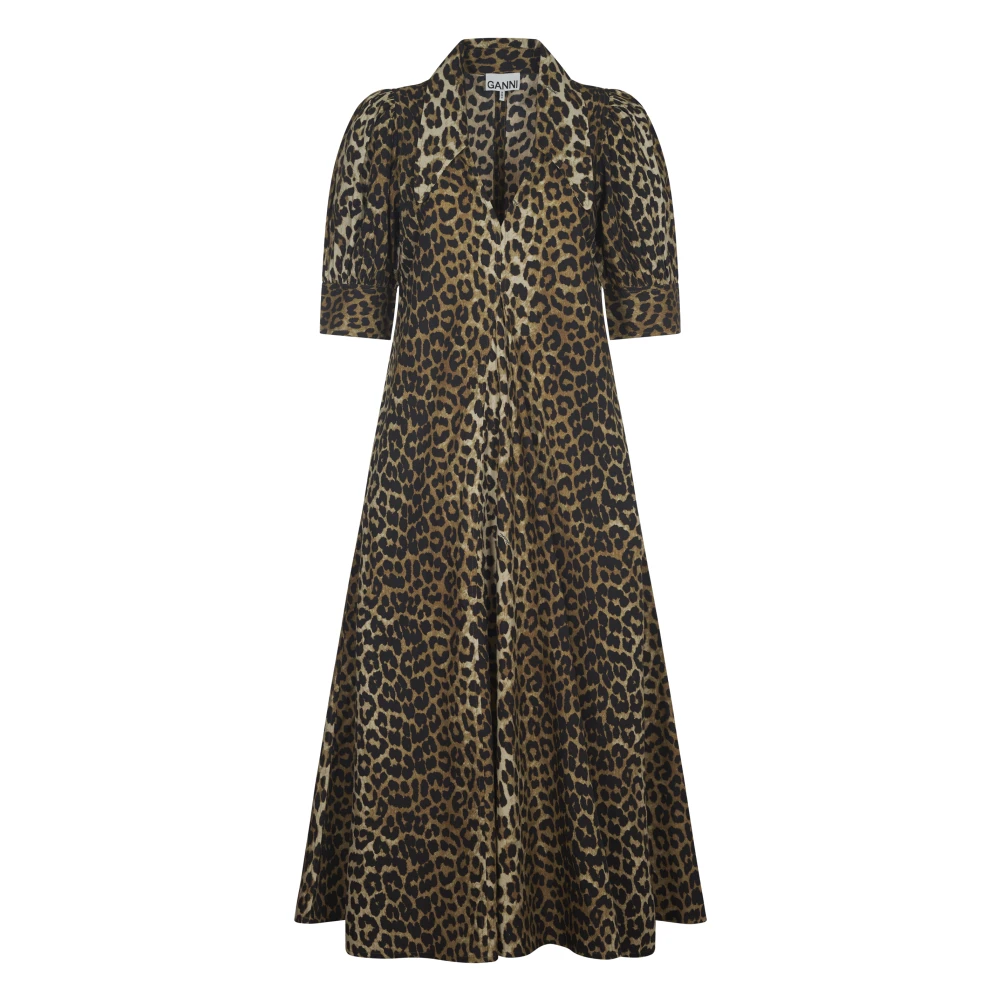 Ganni Bruine Poplin V-hals Lange Jurk Brown Dames