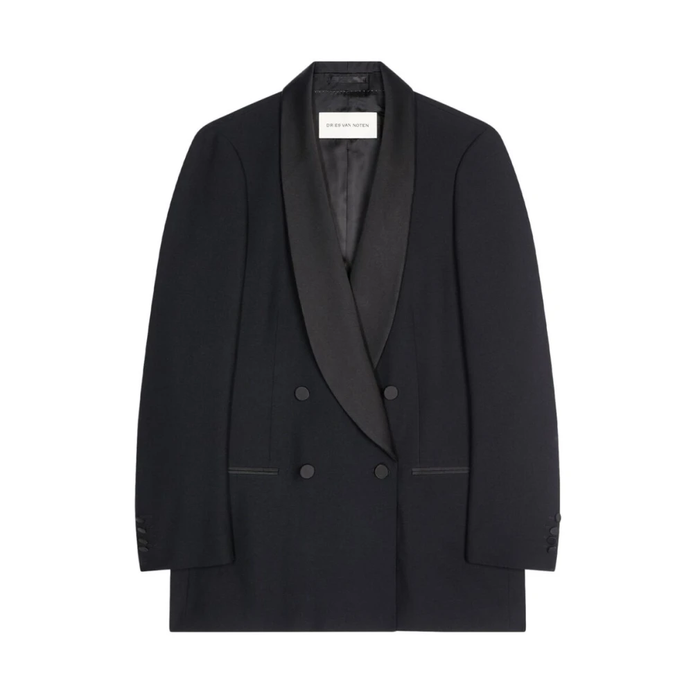 Dries Van Noten Zwarte wollen jas met satijnen afwerking Black Dames