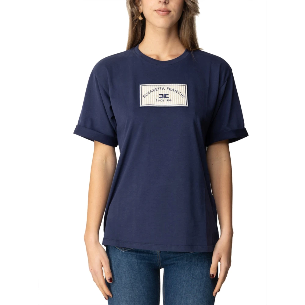 Elisabetta Franchi Blauw Katoenen Jersey T-shirt met Geborduurde Patch Blue Dames