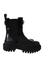 Black Leather Crystal Combat Boots