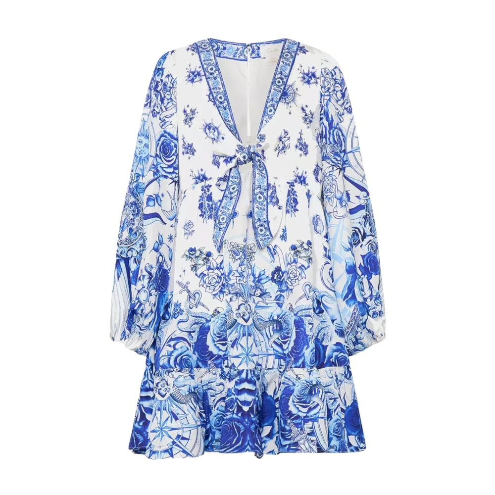 Camilla Blauw Patroon Mini Jurk met Strik Blue Dames