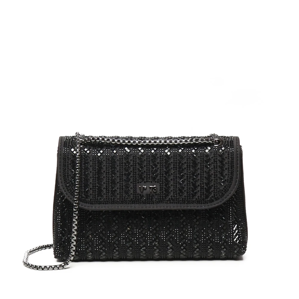 V73 Zwarte Satijnen Flap Steen Tas Black Dames