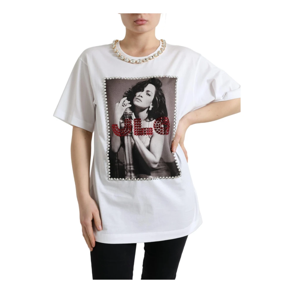Dolce & Gabbana Kristalversierde Bedrukte Tee White Dames