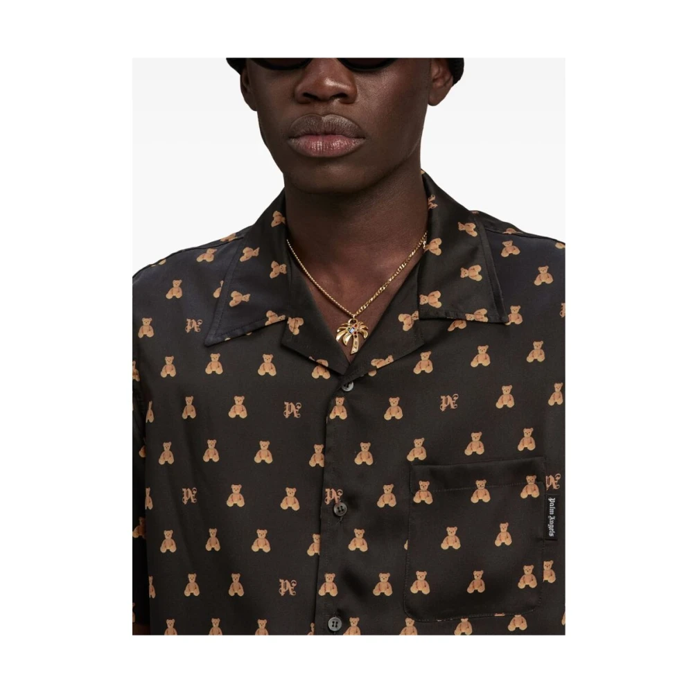 Palm Angels Satijnen Shirt met Beer Motief Black Heren
