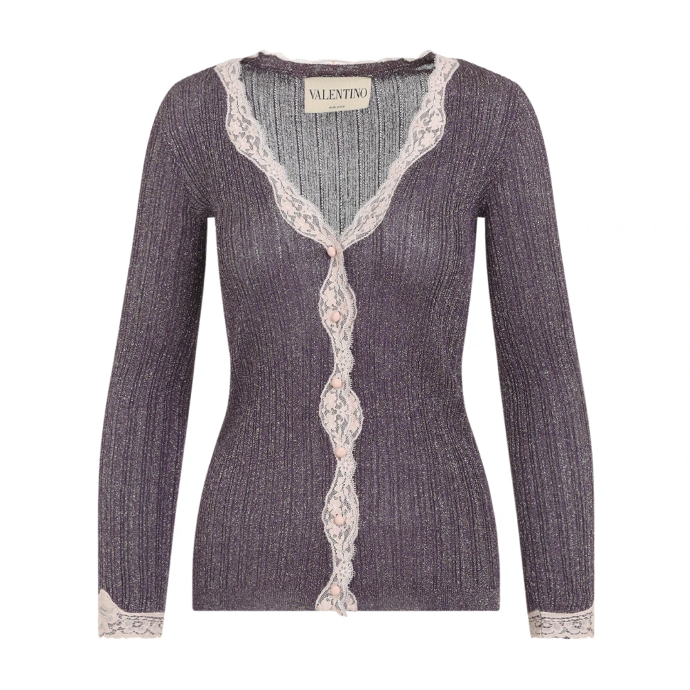 Valentino Brown Cardigans, Female, S, Lurex Knitted Cardigan With Lace