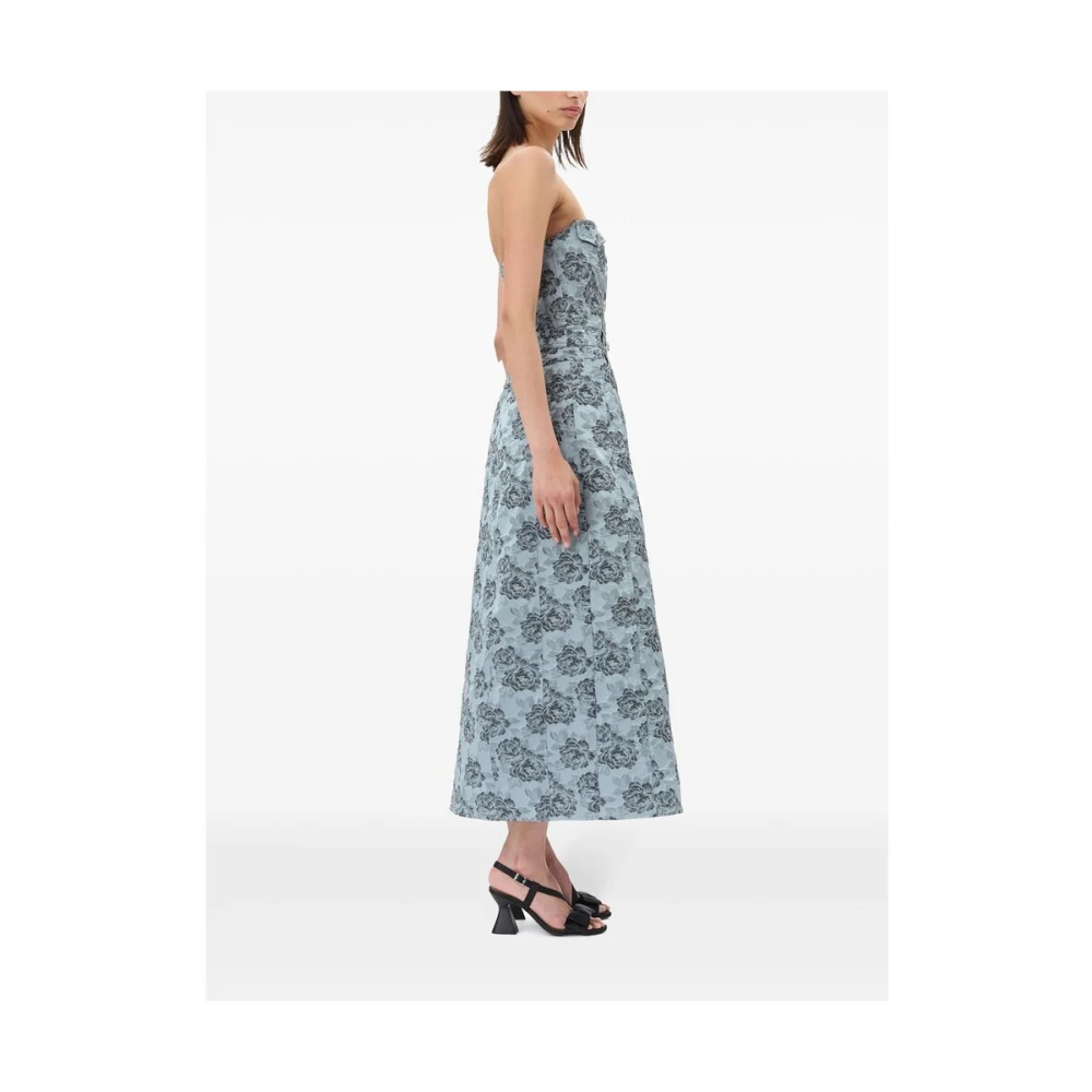 Ganni Blauwe Bloemen Jacquard Strapless Jurk Blue Dames