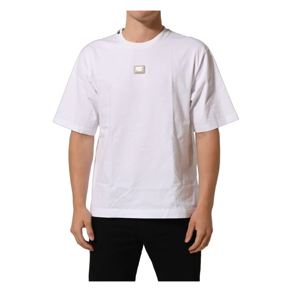 Dolce & Gabbana White T-Shirts, Male, M, Cotton T-Shirt With Logo Plate