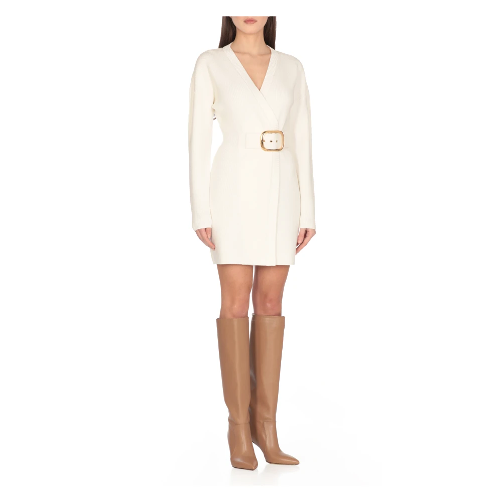 Elisabetta Franchi Ivoor Viscose Jurk met V-hals Beige Dames