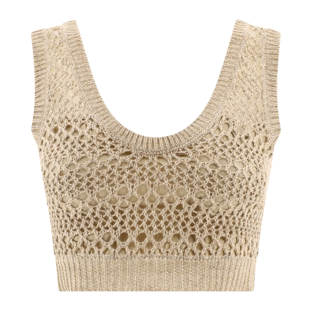 Brunello Cucinelli Stickad Crop Top Linne Siden Beige, Dam