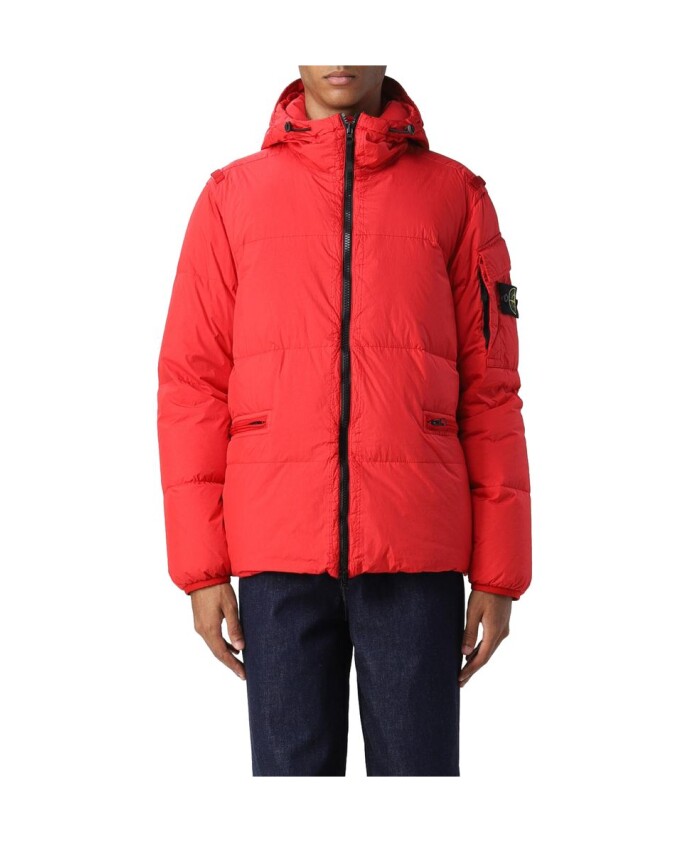 rode-nylon-donsjas-met-capuchon