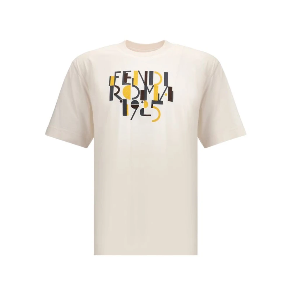 Fendi Men's White T-Shirts, S, Logo Print Crew Neck T-Shirt
