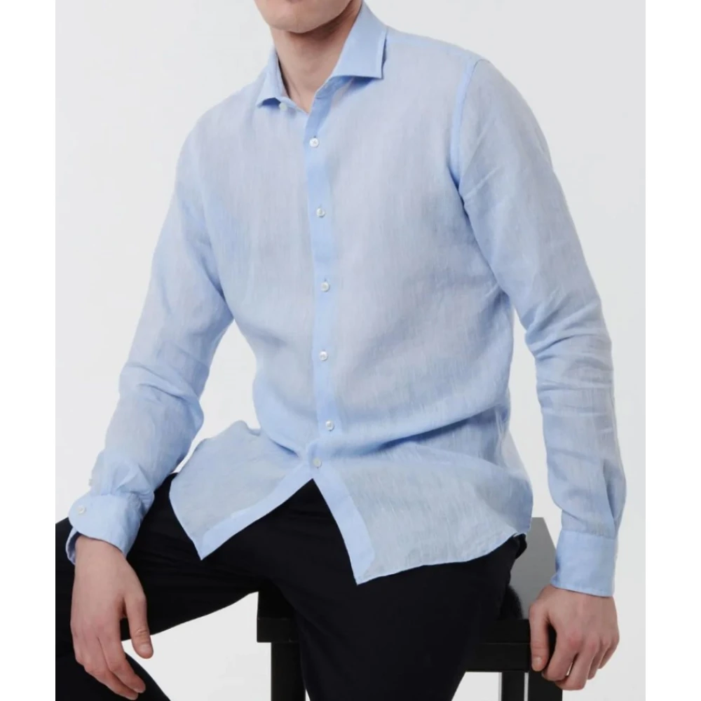 Xacus Linnen Overhemd Tailor Fit Knoopsluiting Blue Heren