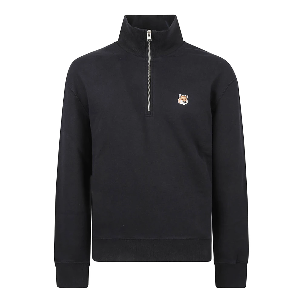 Maison Kitsuné Zwarte Fox Head Patch Half Zip Sweater Black Heren