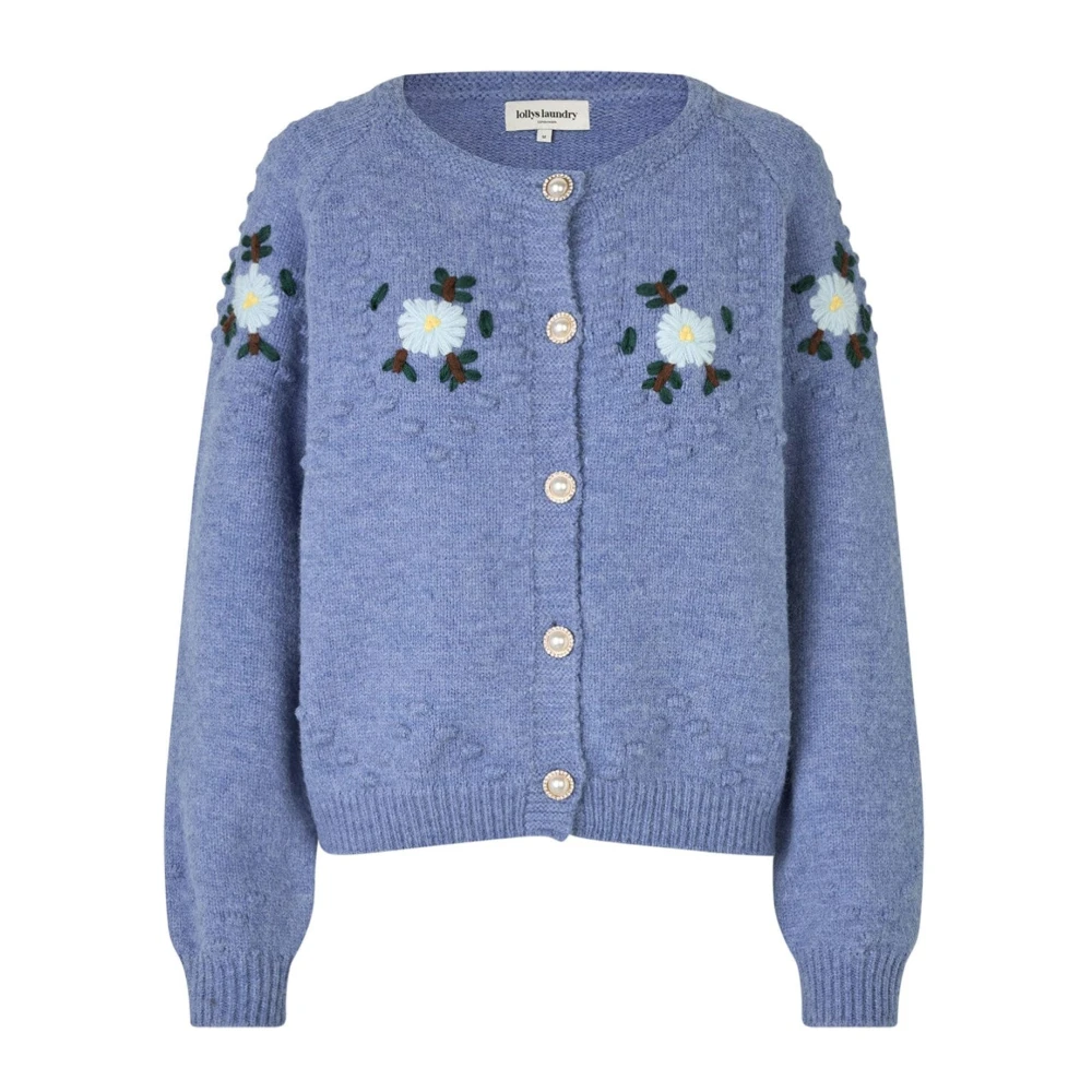Lollys Laundry Women's Blue Melange Knit Cardigan With Flower Details - Cardigans - M - Knitwear