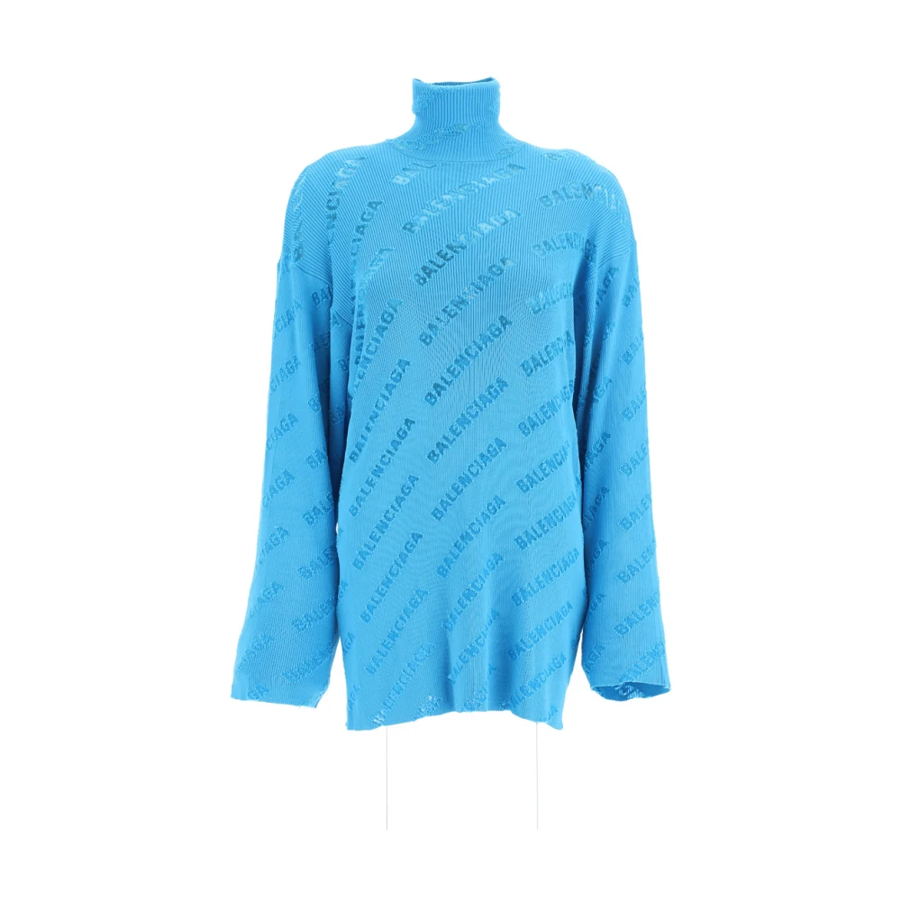 Balenciaga Logo Oversize Turtleneck Sweater Blue Dames