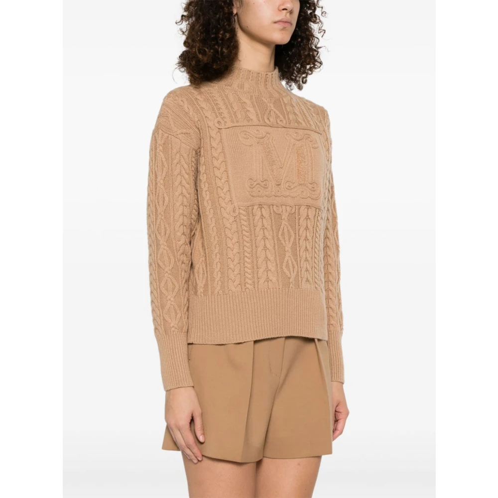 Max Mara Kameelbruine Intarsia-Gebreide Logotrui Brown Dames