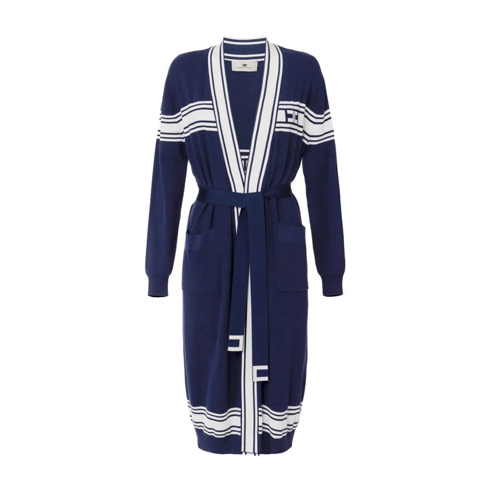 Elisabetta Franchi Blauwe Lange Cardigan met Contrastbanden Blue Dames