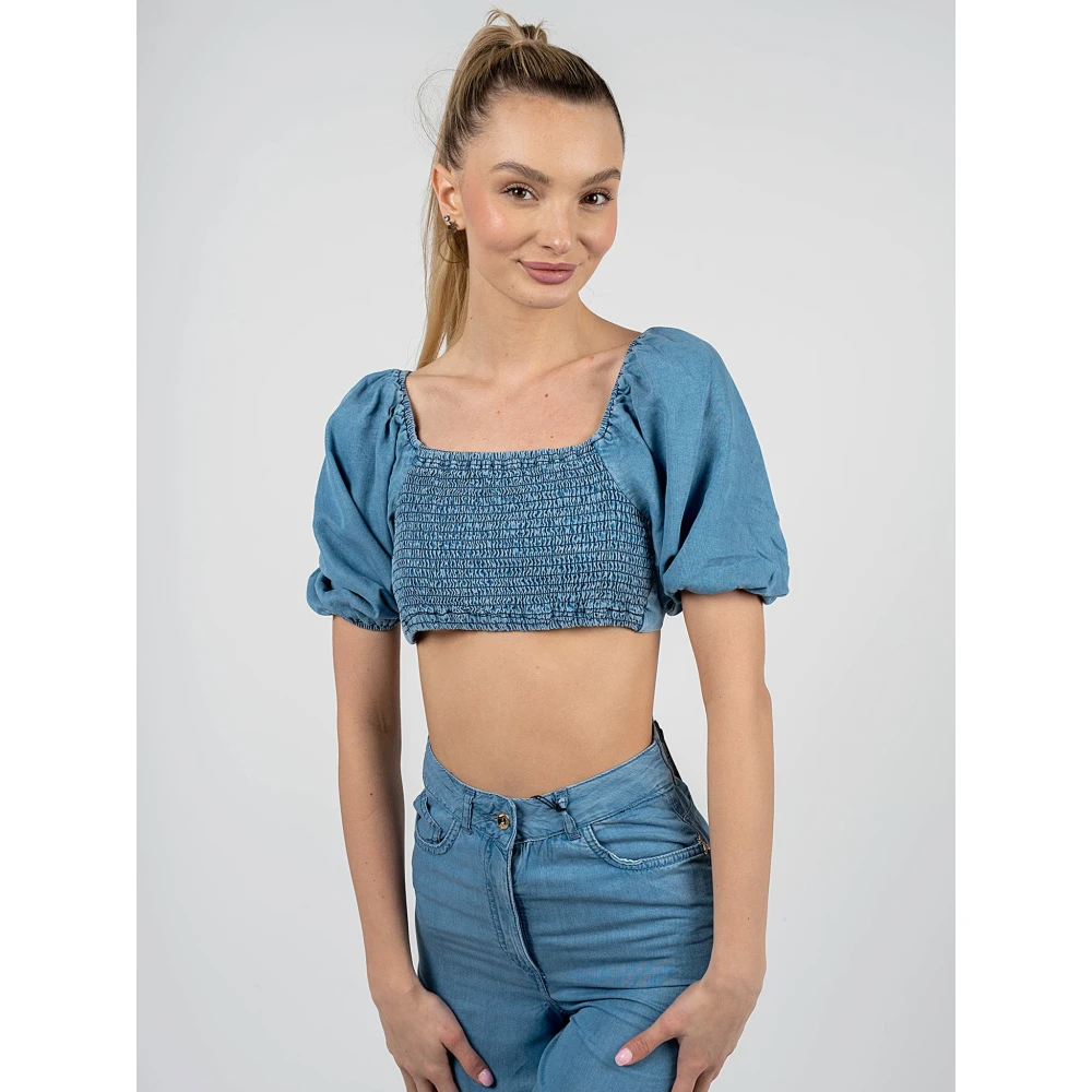 PATRIZIA PEPE Denim Crop Top met Square Neckline Blue Dames