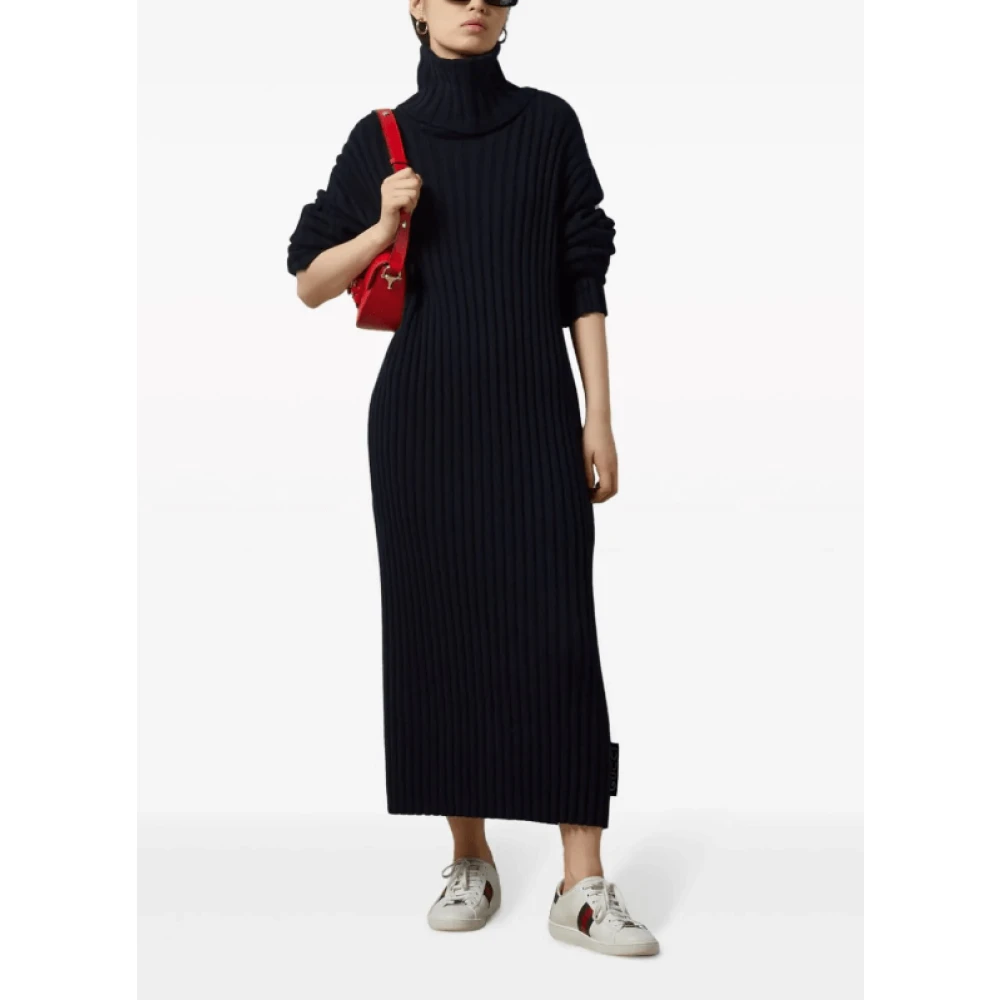 Gucci Marineblauwe Geribbelde Gebreide Jurk Blue Dames