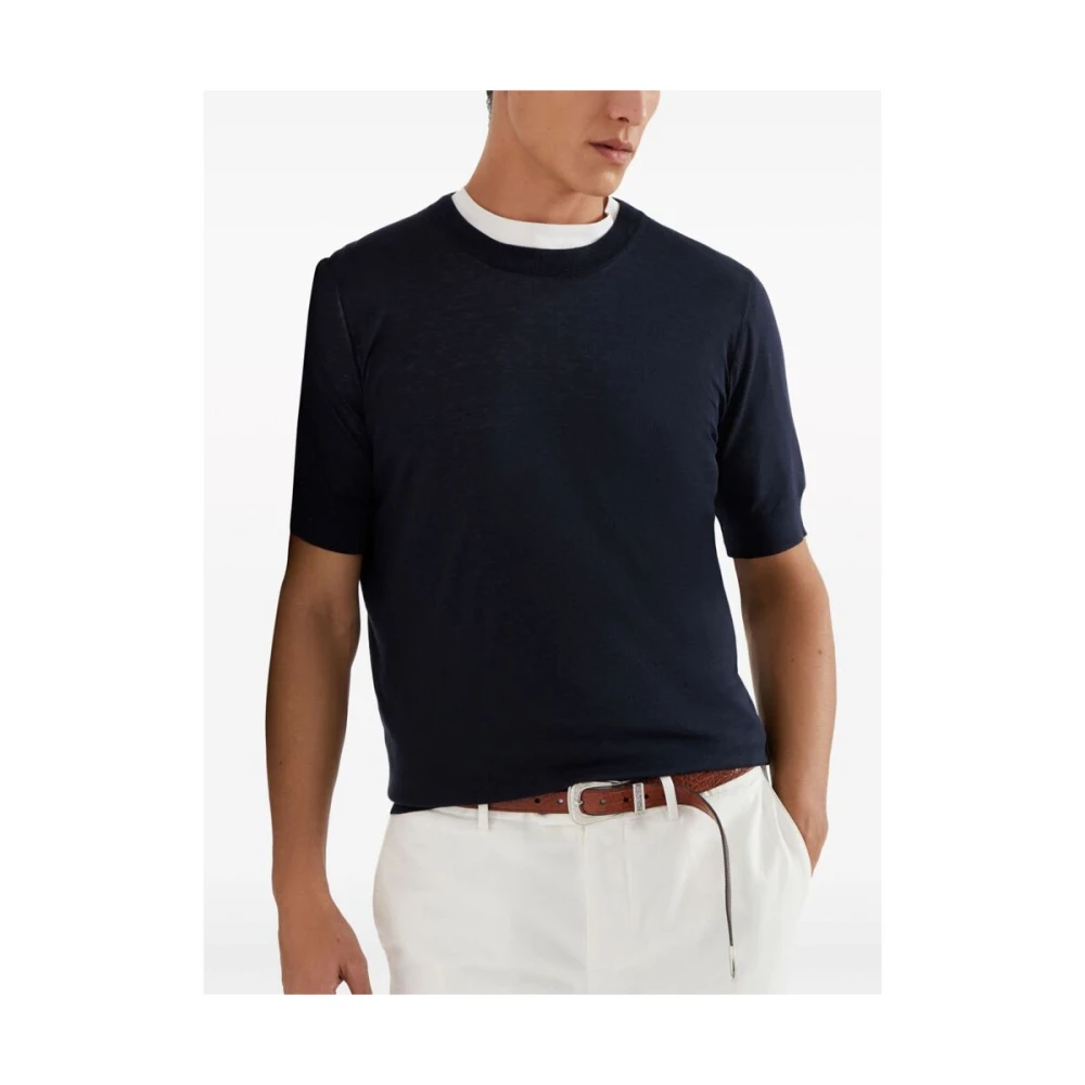 BRUNELLO CUCINELLI Navy Blauw Katoen-Zijde Blend T-Shirt Blue Heren